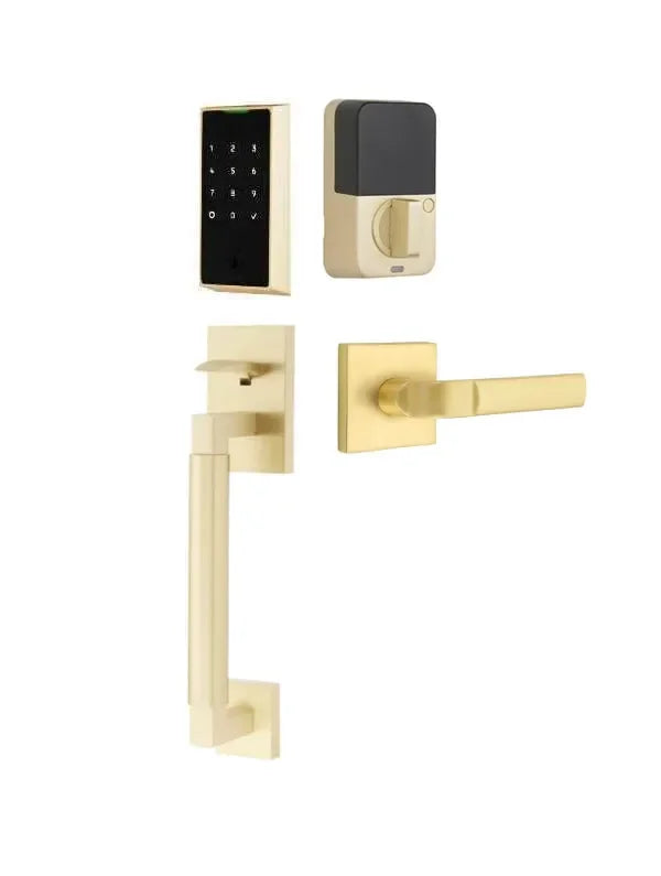 Emtek EMPowered 2 Touch Entry Set with Hercules Smooth Grip and Aston Lever Satin Brass
