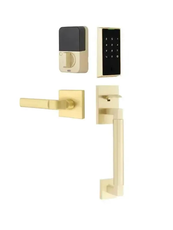 Emtek EMPowered 2 Touch Entry Set with Hercules Smooth Grip and Aston Lever in Satin Brass finish