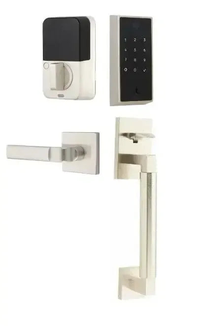 Emtek EMPowered 2 Touch Entry Set with Hercules Smooth Grip and Aston Lever in Satin Nickel finish