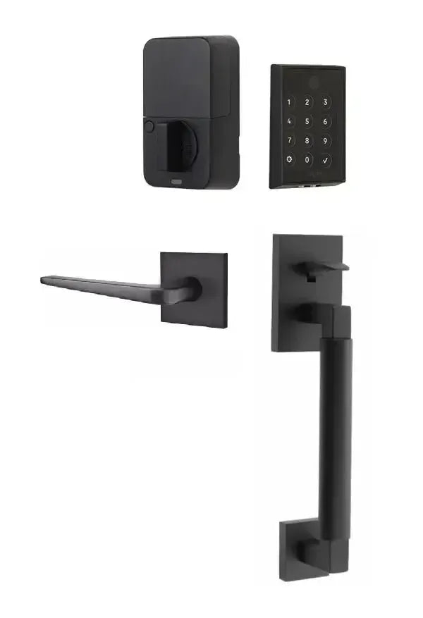 Emtek EMPowered 2 Touch Entry Set with Hercules Smooth Grip and Athena Lever in Flat Black finish