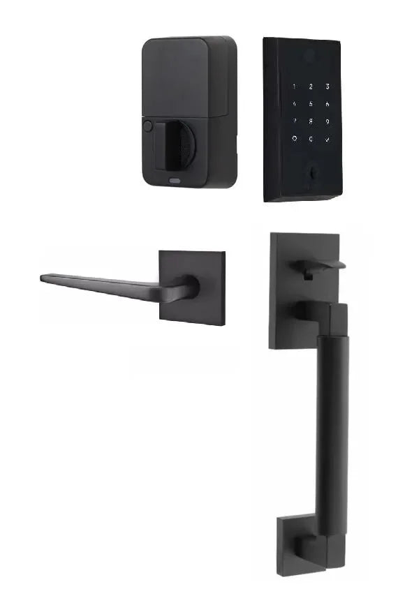Emtek EMPowered 2 Touch Entry Set with Hercules Smooth Grip and Athena Lever Flat Black