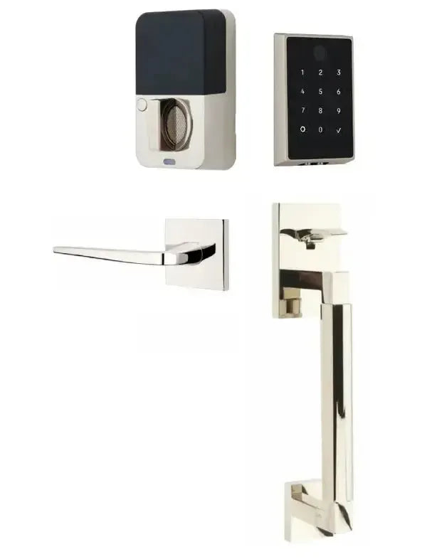 Emtek EMPowered 2 Touch Entry Set with Hercules Smooth Grip and Athena Lever in Lifetime Polished Nickel finish