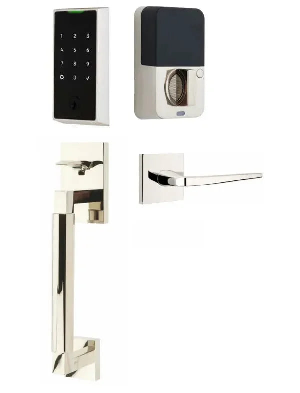Emtek EMPowered 2 Touch Entry Set with Hercules Smooth Grip and Athena Lever Lifetime Polished Nickel