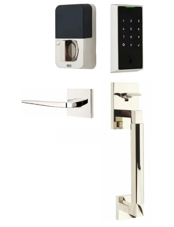 Emtek EMPowered 2 Touch Entry Set with Hercules Smooth Grip and Athena Lever Lifetime Polished Nickel