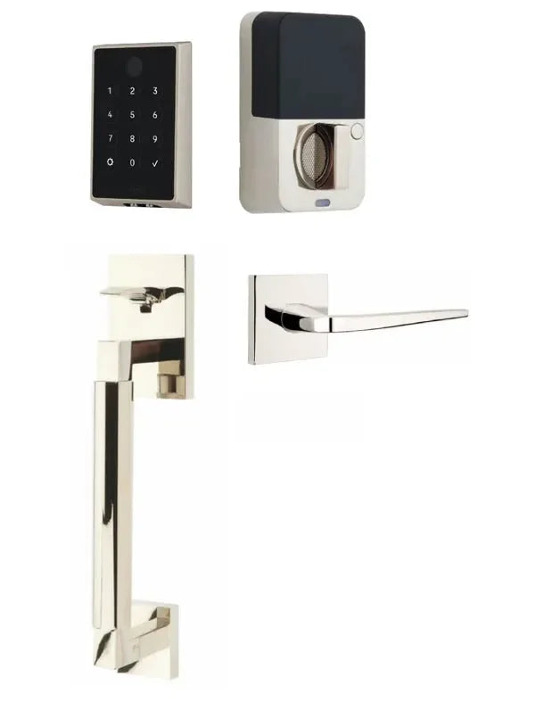Emtek EMPowered 2 Touch Entry Set with Hercules Smooth Grip and Athena Lever Lifetime Polished Nickel