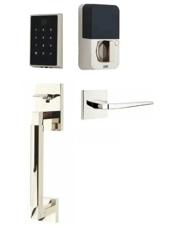 Emtek EMPowered 2 Touch Entry Set with Hercules Smooth Grip and Athena Lever in Lifetime Polished Nickel finish