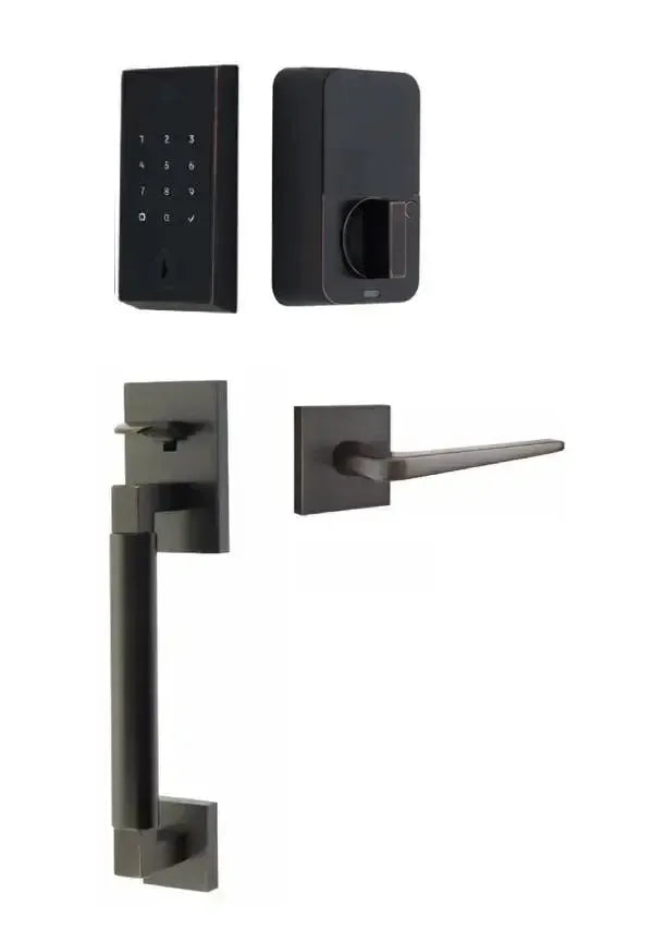 Emtek EMPowered 2 Touch Entry Set with Hercules Smooth Grip and Athena Lever in Oil Rubbed Bronze finish