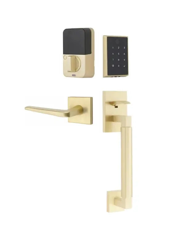 Emtek EMPowered 2 Touch Entry Set with Hercules Smooth Grip and Athena Lever Satin Brass
