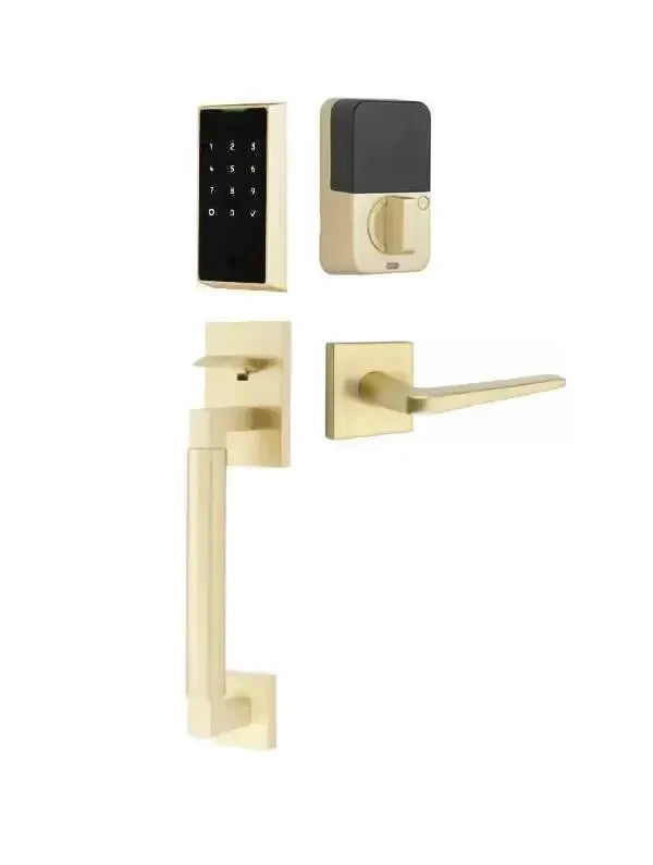 Emtek EMPowered 2 Touch Entry Set with Hercules Smooth Grip and Athena Lever in Satin Brass finish