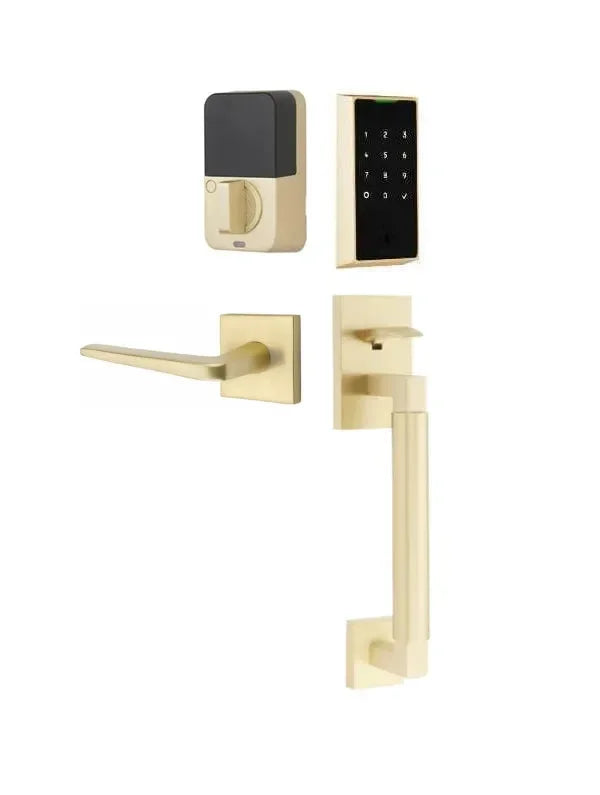 Emtek EMPowered 2 Touch Entry Set with Hercules Smooth Grip and Athena Lever Satin Brass