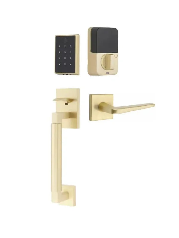 Emtek EMPowered 2 Touch Entry Set with Hercules Smooth Grip and Athena Lever Satin Brass