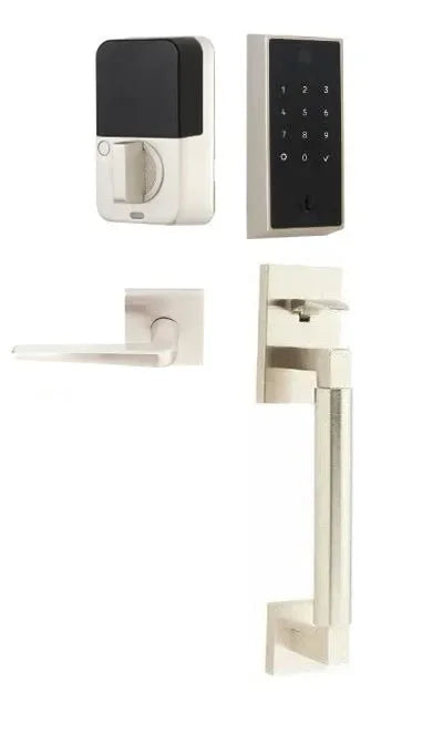 Emtek EMPowered 2 Touch Entry Set with Hercules Smooth Grip and Athena Lever Satin Nickel