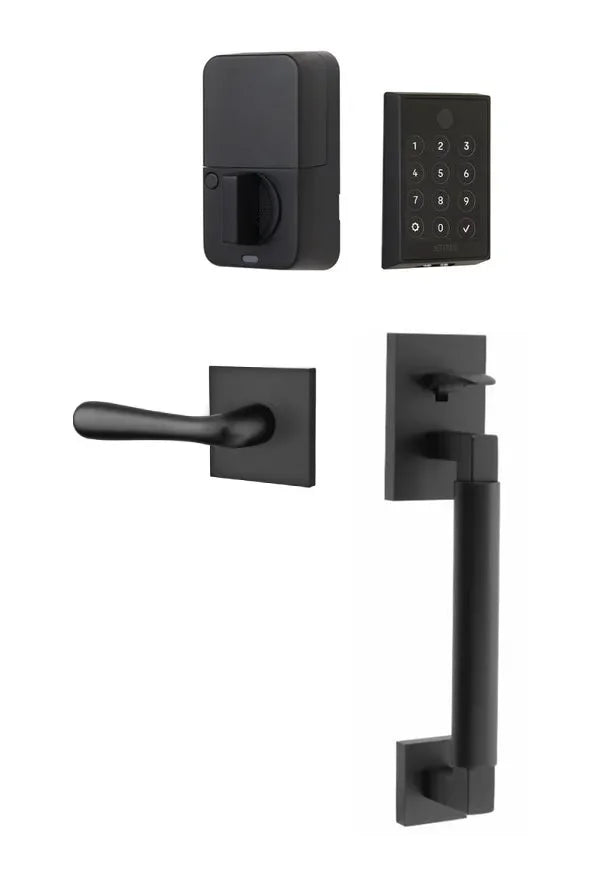 Emtek EMPowered 2 Touch Entry Set with Hercules Smooth Grip and Basel Lever Flat Black