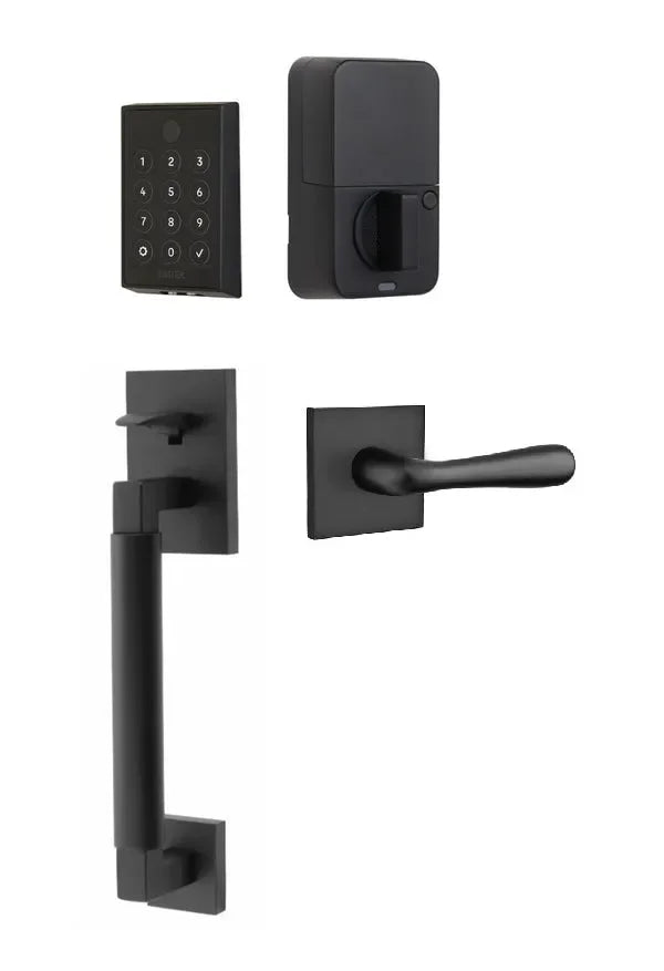 Emtek EMPowered 2 Touch Entry Set with Hercules Smooth Grip and Basel Lever Flat Black