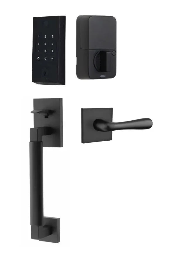 Emtek EMPowered 2 Touch Entry Set with Hercules Smooth Grip and Basel Lever Flat Black