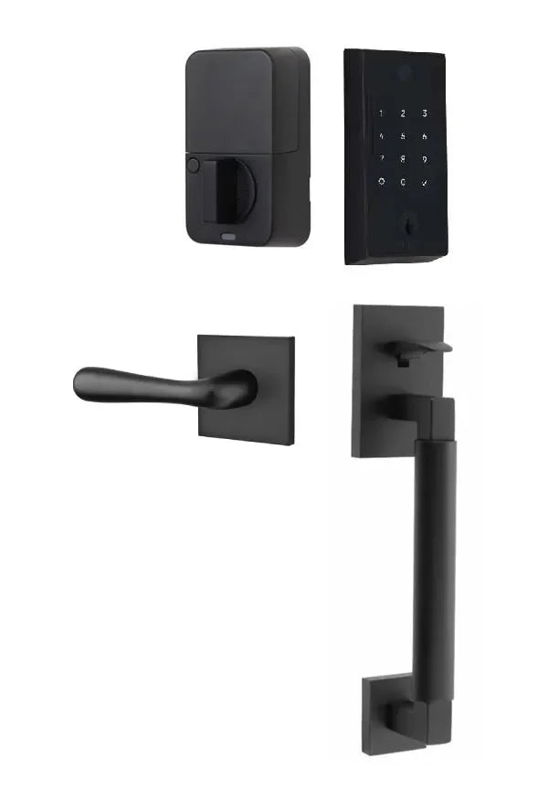 Emtek EMPowered 2 Touch Entry Set with Hercules Smooth Grip and Basel Lever Flat Black