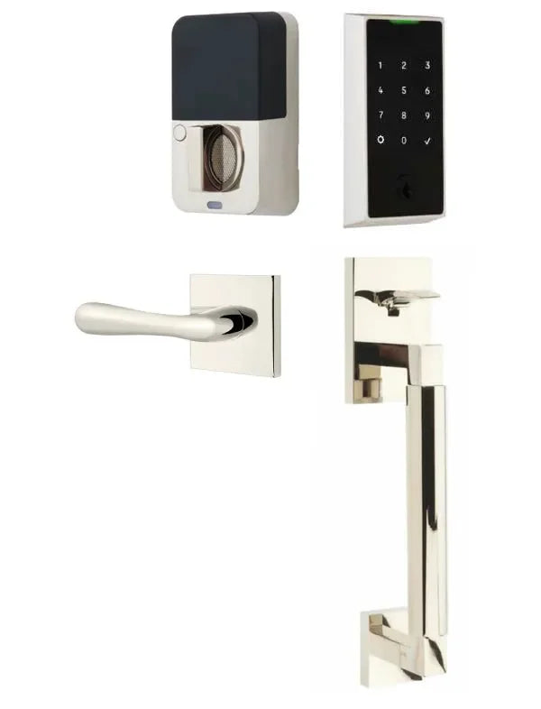 Emtek EMPowered 2 Touch Entry Set with Hercules Smooth Grip and Basel Lever Lifetime Polished Nickel