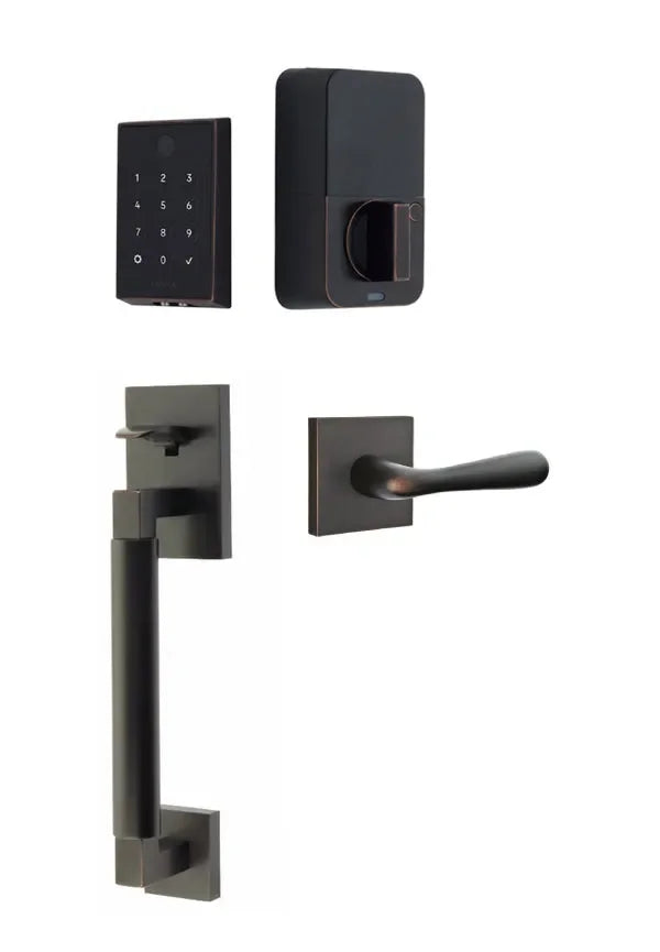 Emtek EMPowered 2 Touch Entry Set with Hercules Smooth Grip and Basel Lever Oil Rubbed Bronze