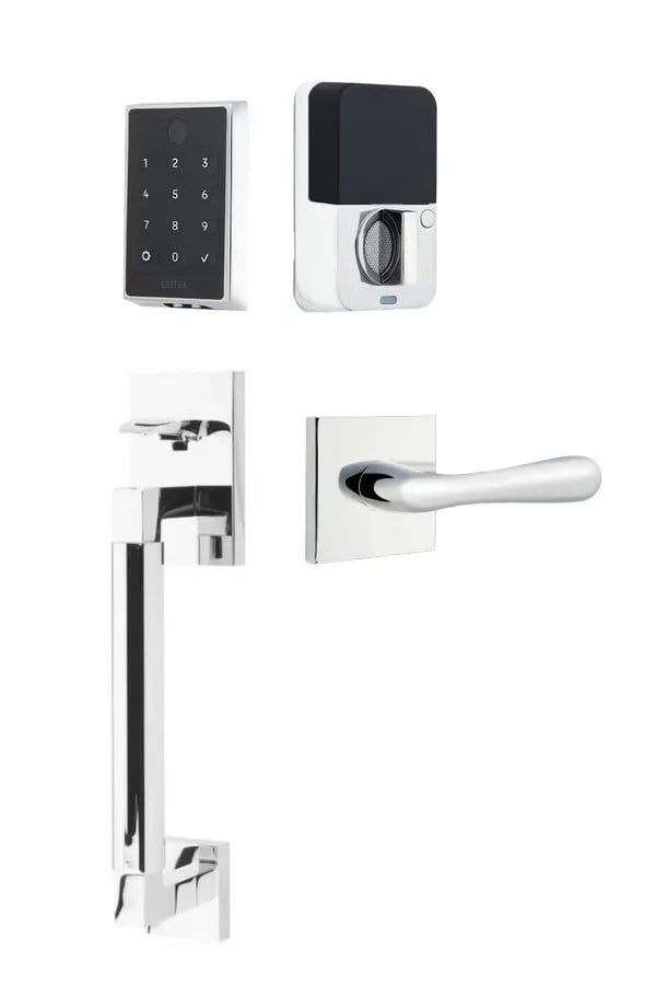Emtek EMPowered 2 Touch Entry Set with Hercules Smooth Grip and Basel Lever Polished Chrome