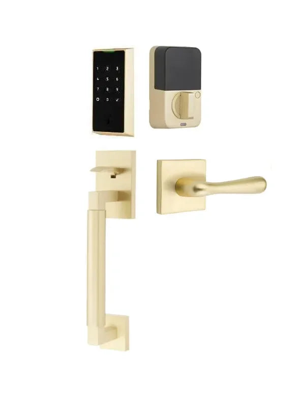 Emtek EMPowered 2 Touch Entry Set with Hercules Smooth Grip and Basel Lever Satin Brass