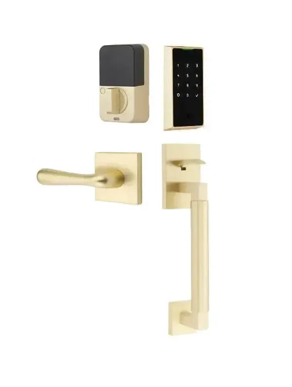 Emtek EMPowered 2 Touch Entry Set with Hercules Smooth Grip and Basel Lever in Satin Brass finish