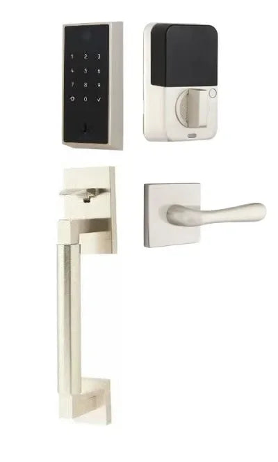 Emtek EMPowered 2 Touch Entry Set with Hercules Smooth Grip and Basel Lever Satin Nickel