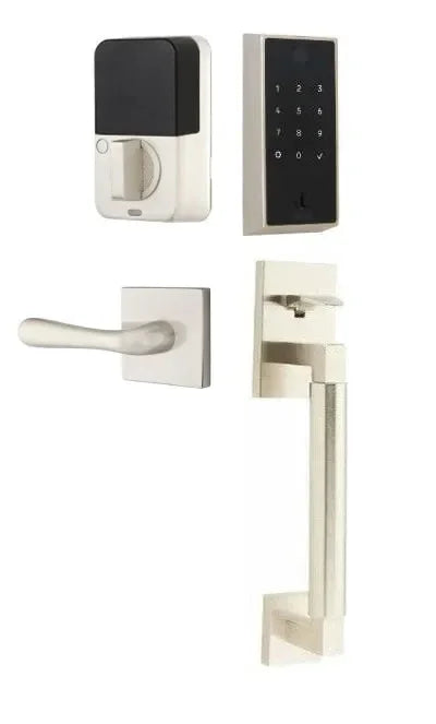 Emtek EMPowered 2 Touch Entry Set with Hercules Smooth Grip and Basel Lever Satin Nickel