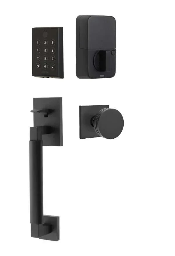 Emtek EMPowered 2 Touch Entry Set with Hercules Smooth Grip and Bern Knob Flat Black