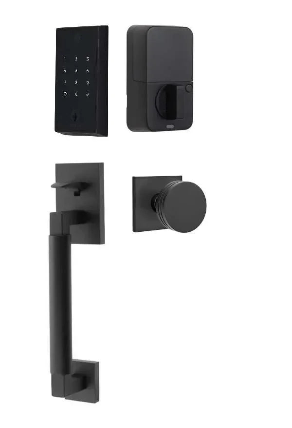 Emtek EMPowered 2 Touch Entry Set with Hercules Smooth Grip and Bern Knob Flat Black