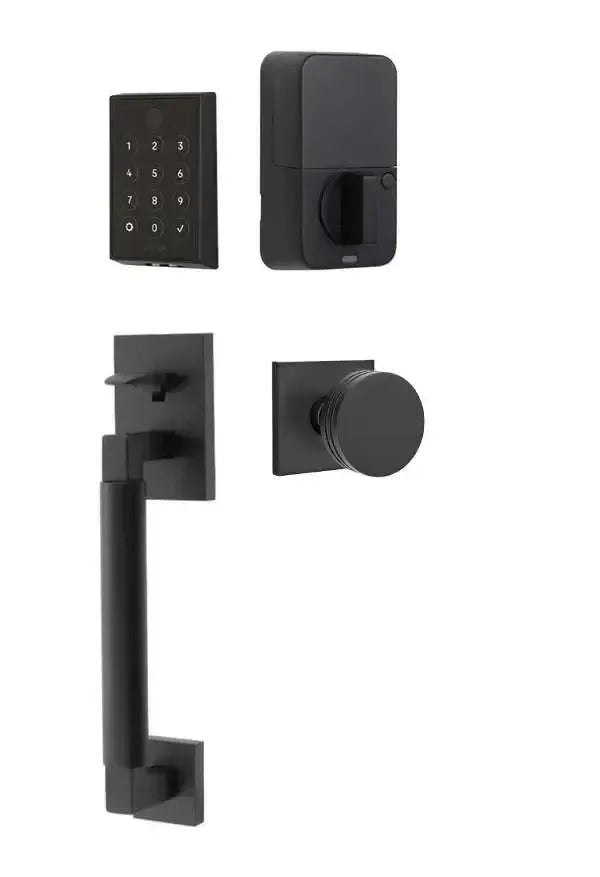 Emtek EMPowered 2 Touch Entry Set with Hercules Smooth Grip and Bern Knob in Flat Black finish