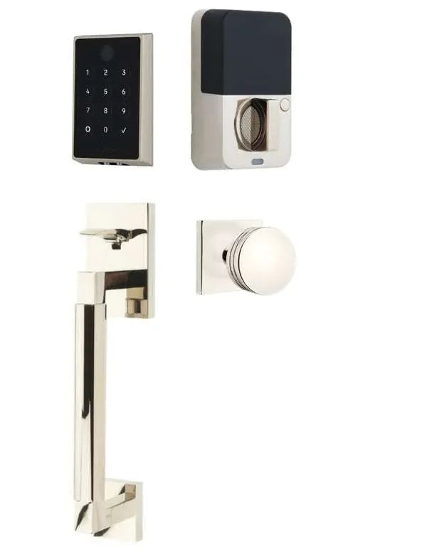 Emtek EMPowered 2 Touch Entry Set with Hercules Smooth Grip and Bern Knob Lifetime Polished Nickel