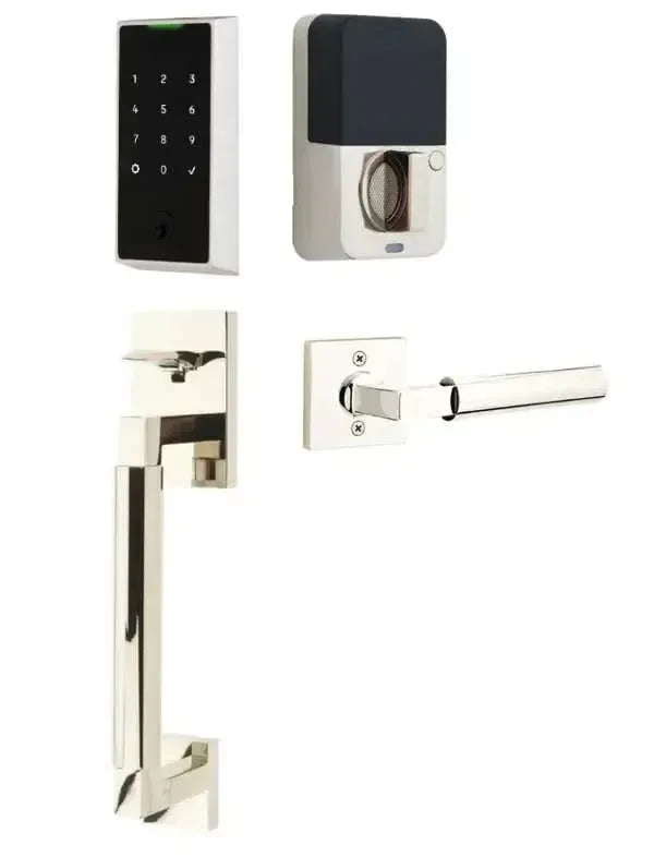 Emtek EMPowered 2 Touch Entry Set with Hercules Smooth Grip and Bern Knob in Lifetime Polished Nickel finish