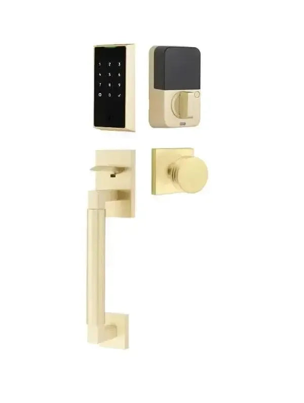 Emtek EMPowered 2 Touch Entry Set with Hercules Smooth Grip and Bern Knob in Satin Brass finish