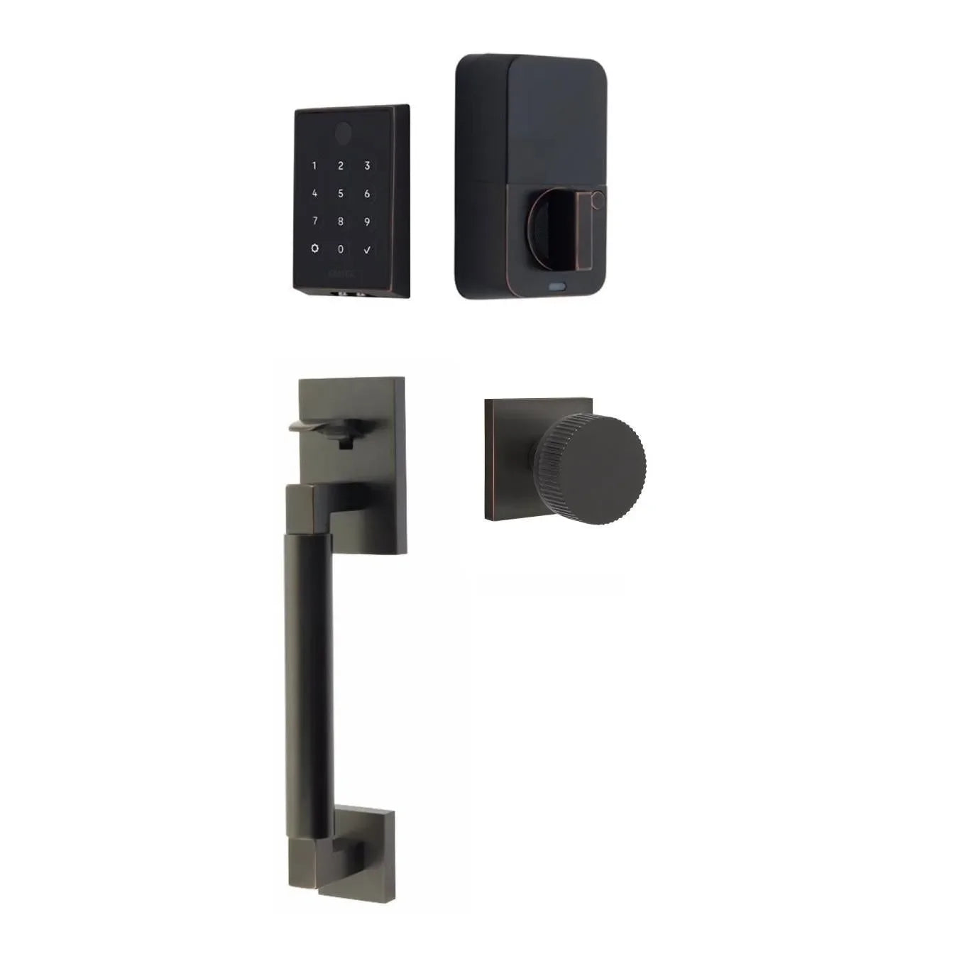 EmtekEmtek EMPowered 2 Touch Entry Set with Hercules Smooth Grip and Conical Straight Knurled Knob in 
