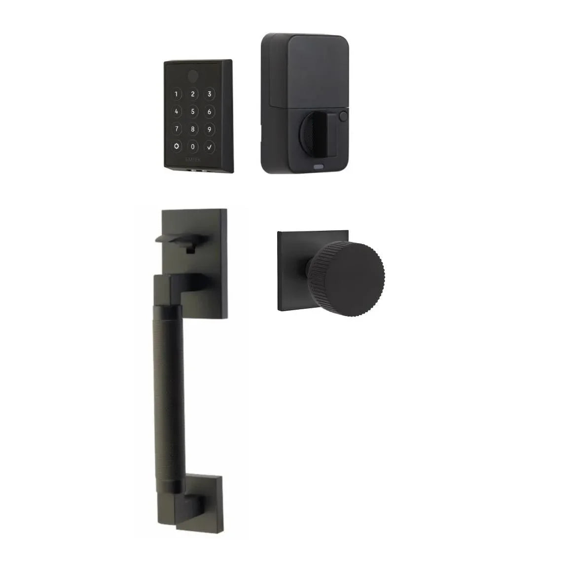 Emtek EMPowered 2 Touch Entry Set with Hercules Smooth Grip and Conical Straight Knurled Knob Flat Black