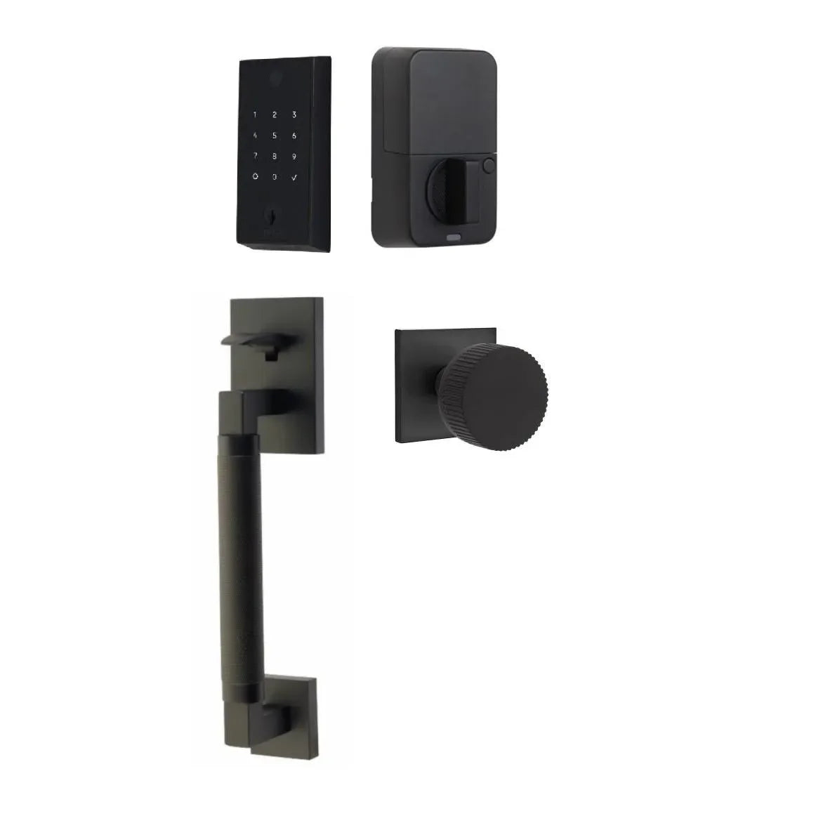 Emtek EMPowered 2 Touch Entry Set with Hercules Smooth Grip and Conical Straight Knurled Knob Flat Black