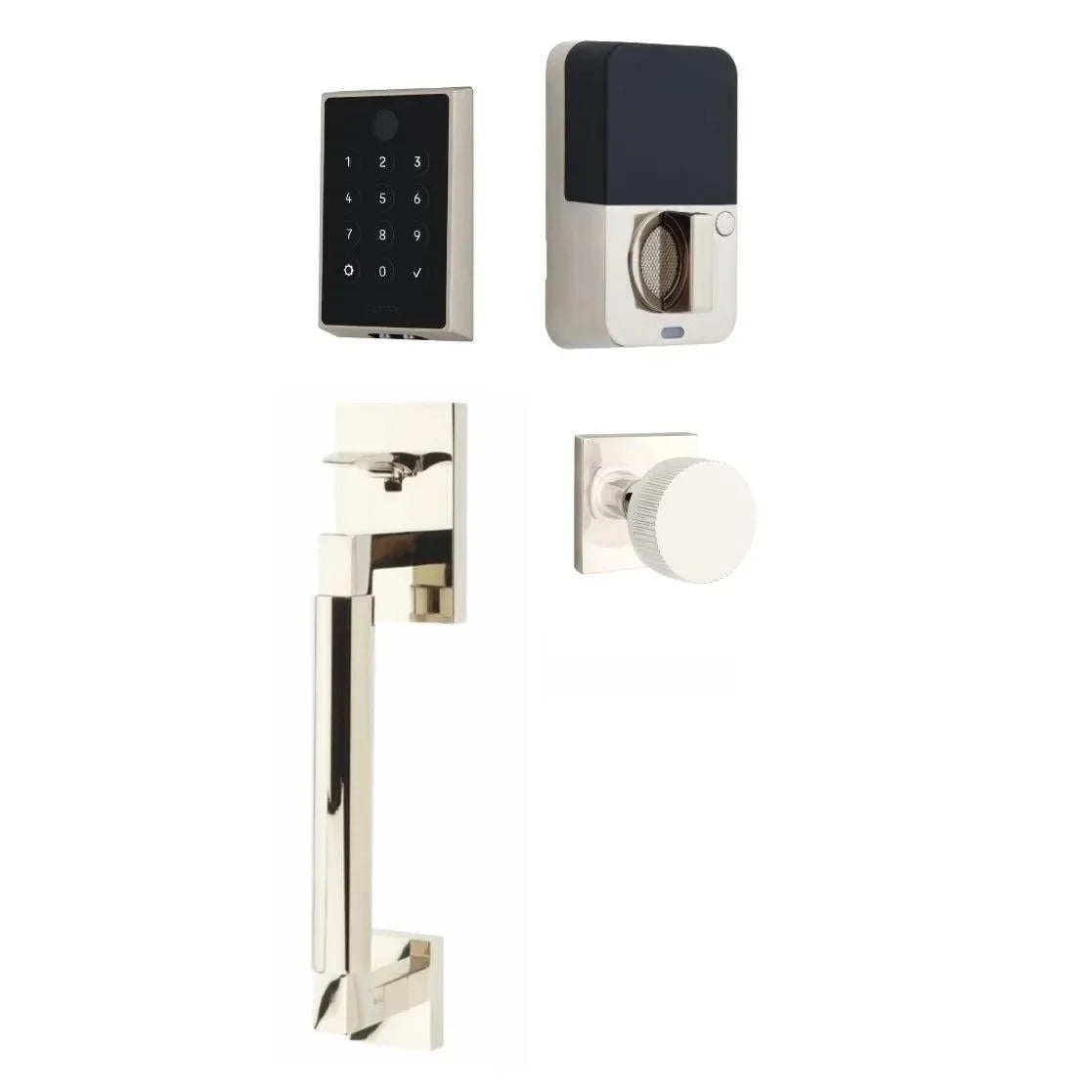 Emtek EMPowered 2 Touch Entry Set with Hercules Smooth Grip and Conical Straight Knurled Knob Lifetime Polished Nickel