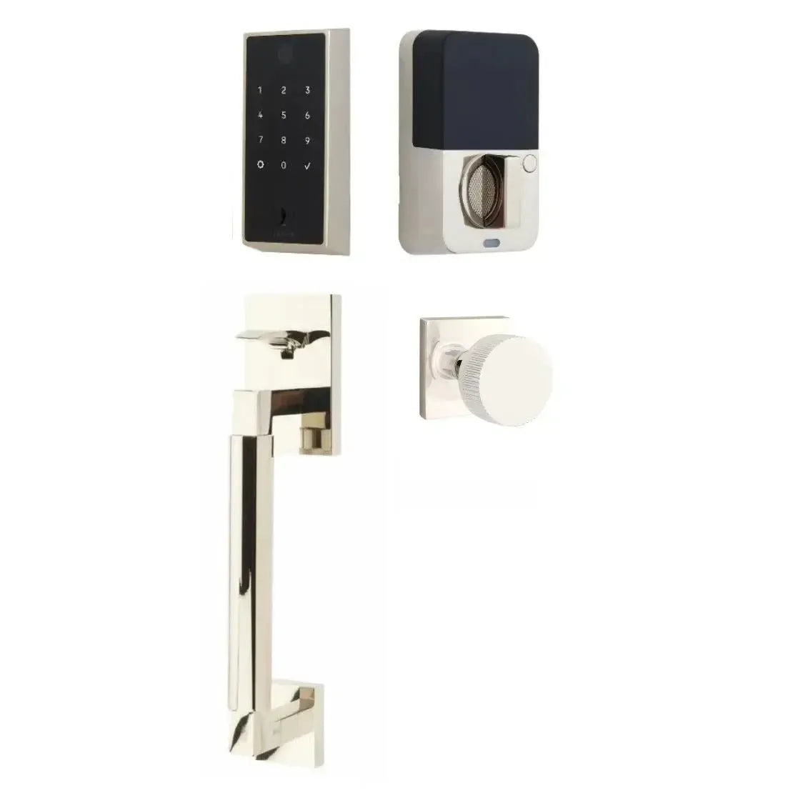 Emtek EMPowered 2 Touch Entry Set with Hercules Smooth Grip and Conical Straight Knurled Knob in Lifetime Polished Nickel finish