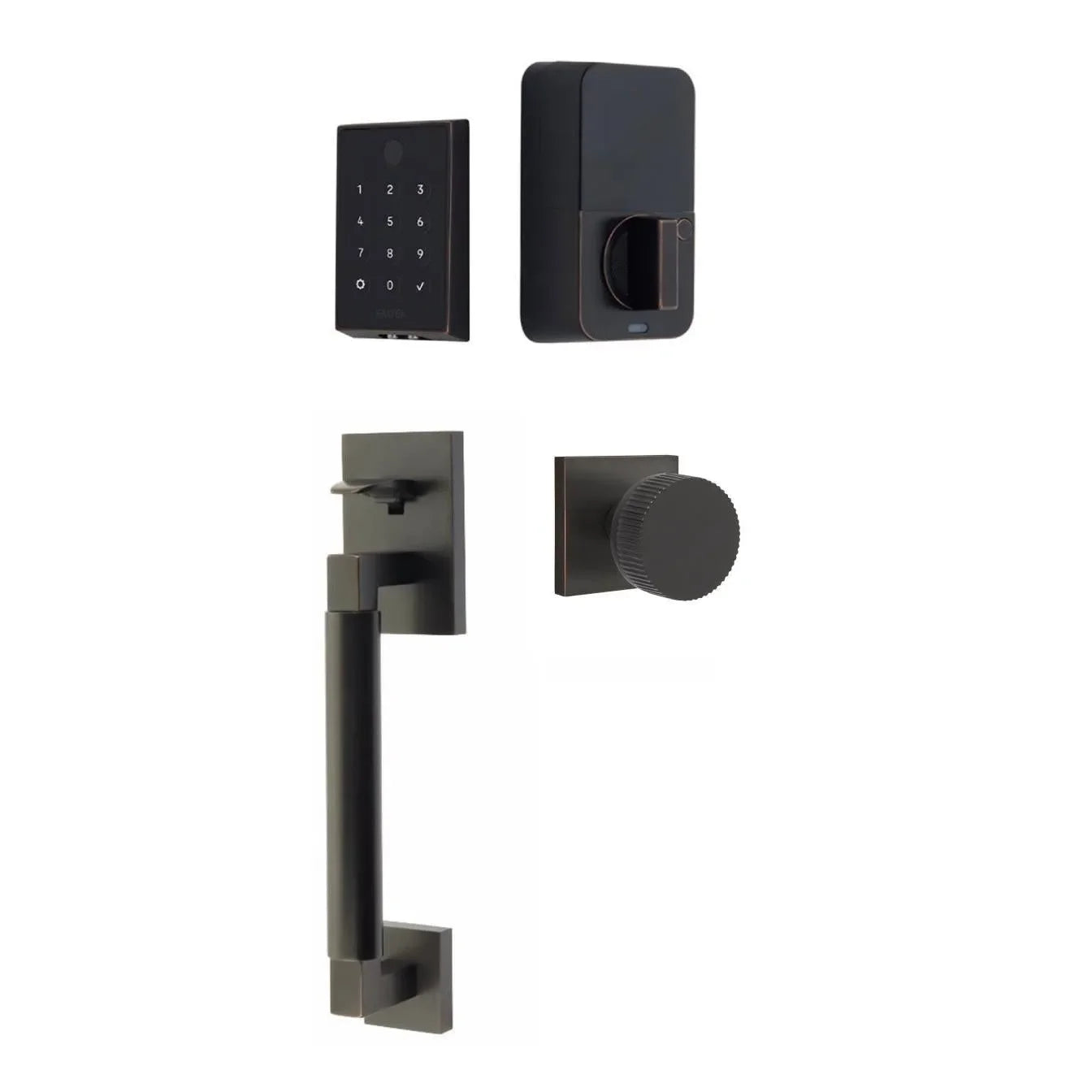Emtek EMPowered 2 Touch Entry Set with Hercules Smooth Grip and Conical Straight Knurled Knob Oil Rubbed Bronze
