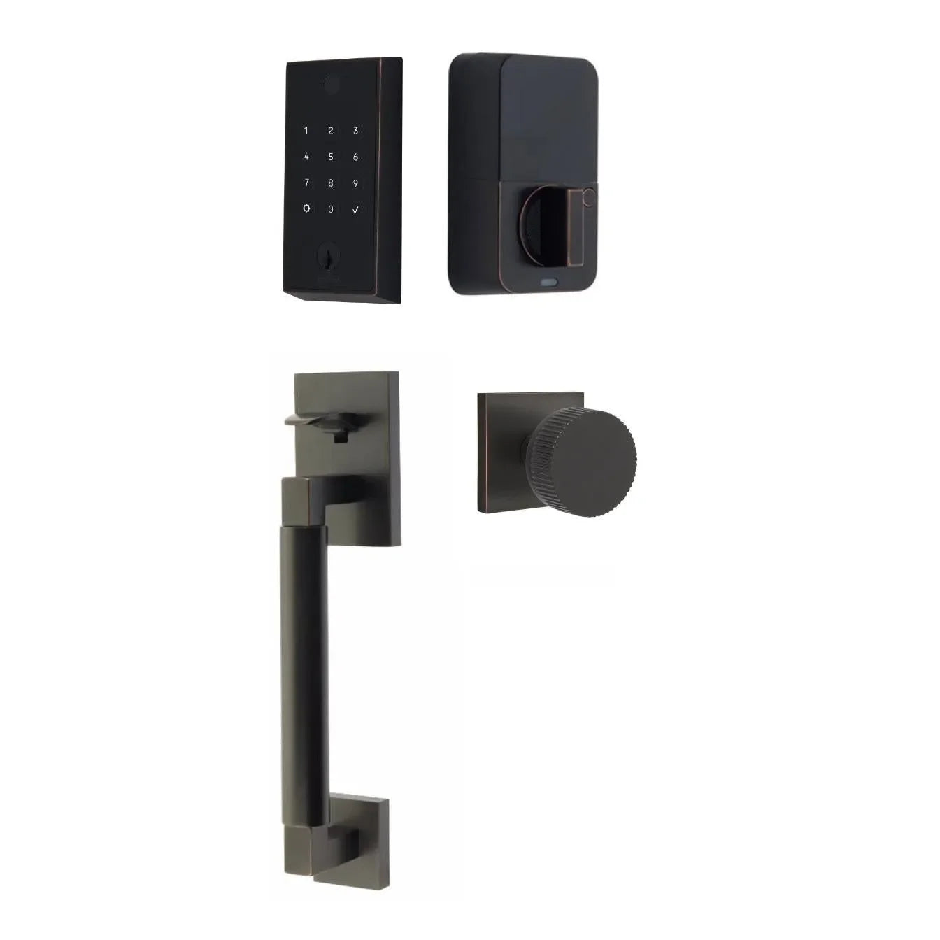 Emtek EMPowered 2 Touch Entry Set with Hercules Smooth Grip and Conical Straight Knurled Knob Oil Rubbed Bronze