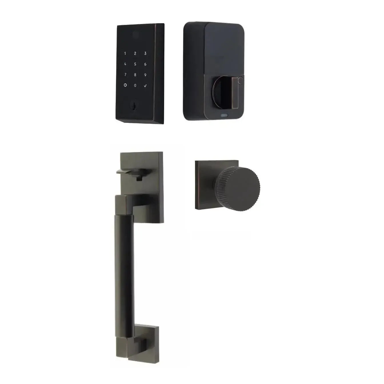 Emtek EMPowered 2 Touch Entry Set with Hercules Smooth Grip and Conical Straight Knurled Knob in Oil Rubbed Bronze finish