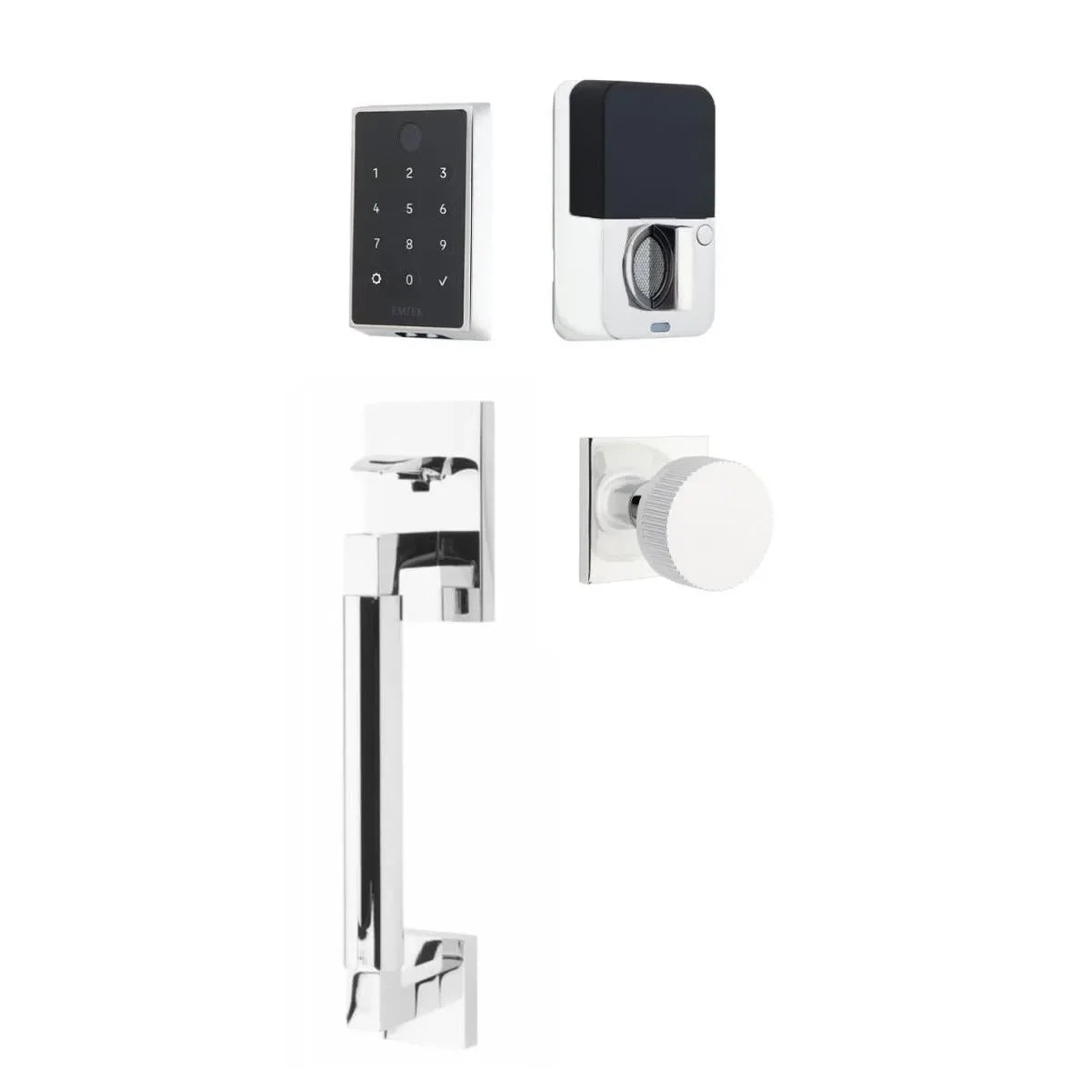 Emtek EMPowered 2 Touch Entry Set with Hercules Smooth Grip and Conical Straight Knurled Knob Polished Chrome
