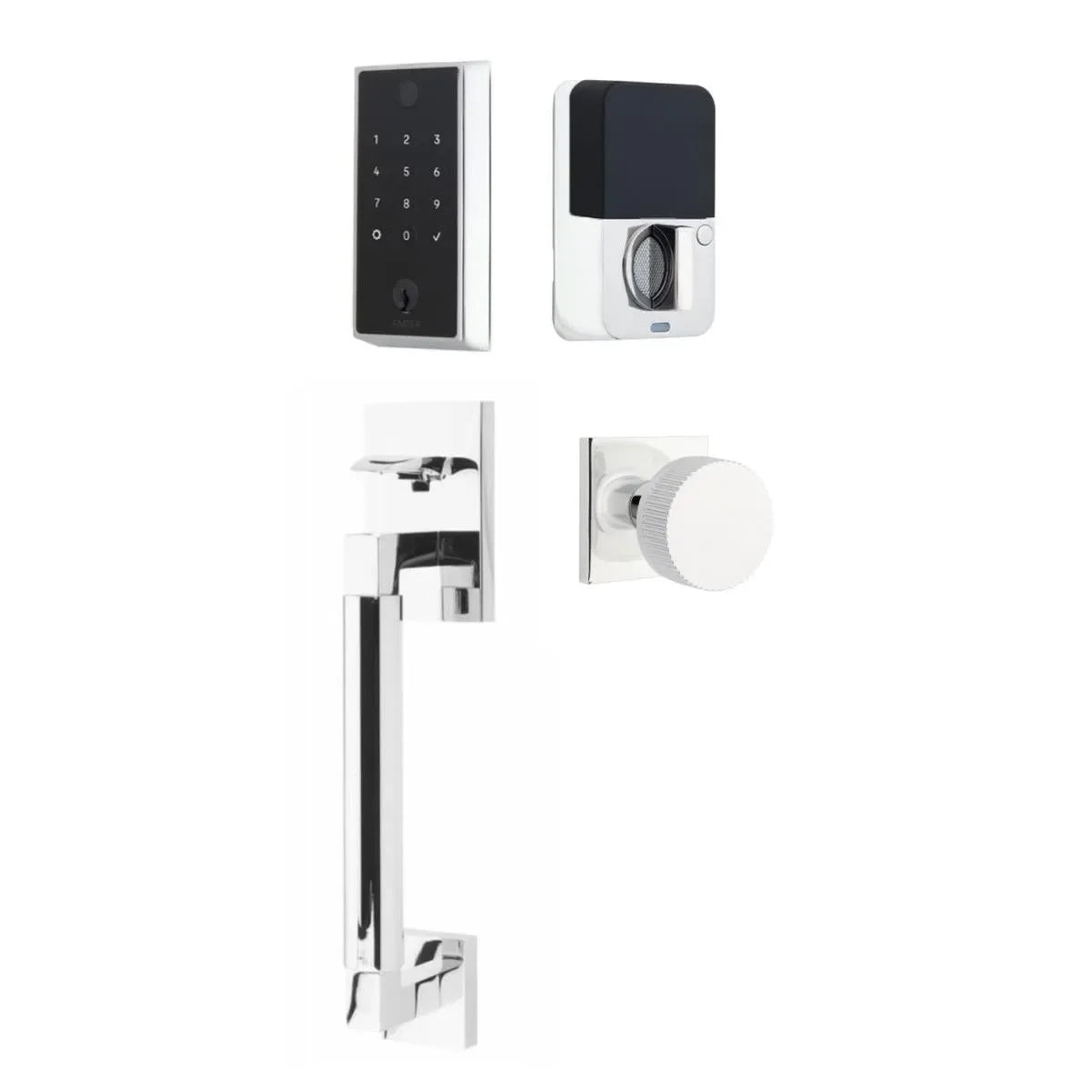 Emtek EMPowered 2 Touch Entry Set with Hercules Smooth Grip and Conical Straight Knurled Knob Polished Chrome