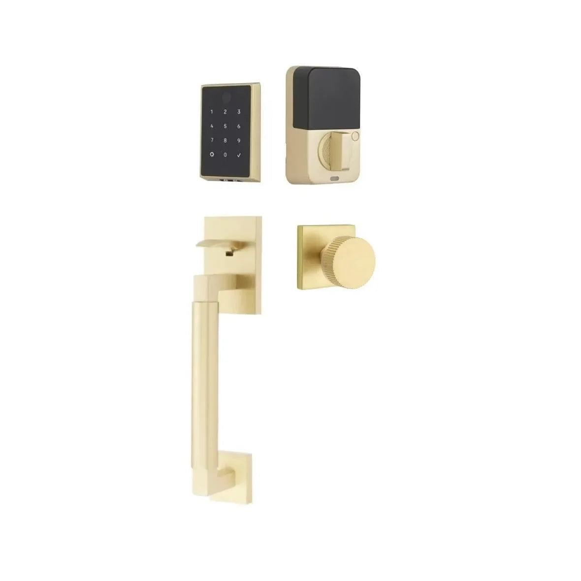 Emtek EMPowered 2 Touch Entry Set with Hercules Smooth Grip and Conical Straight Knurled Knob Satin Brass