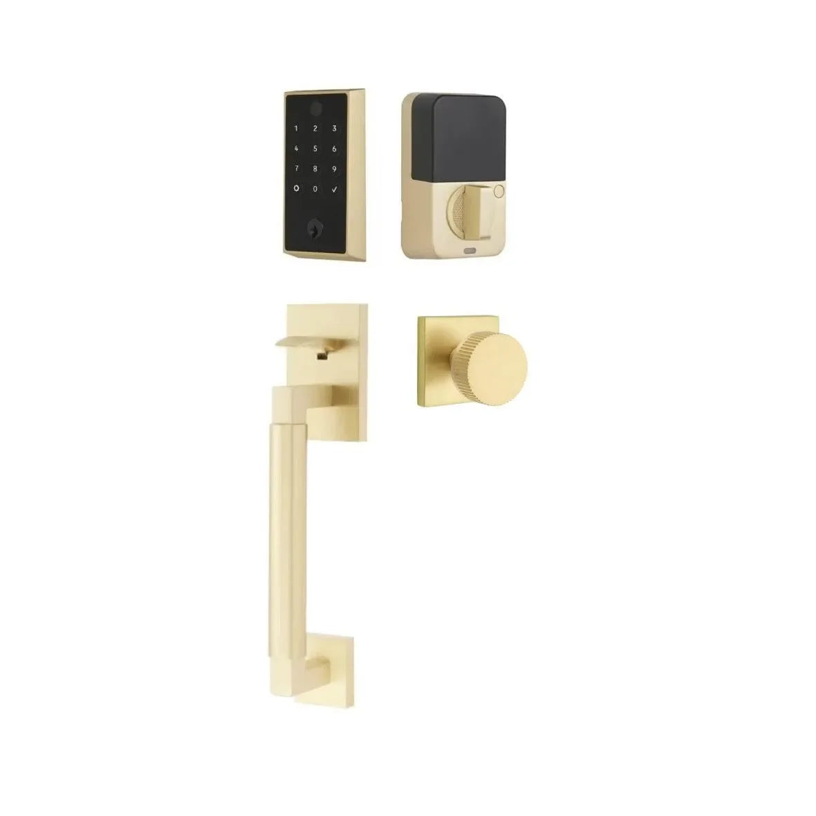 Emtek EMPowered 2 Touch Entry Set with Hercules Smooth Grip and Conical Straight Knurled Knob Satin Brass