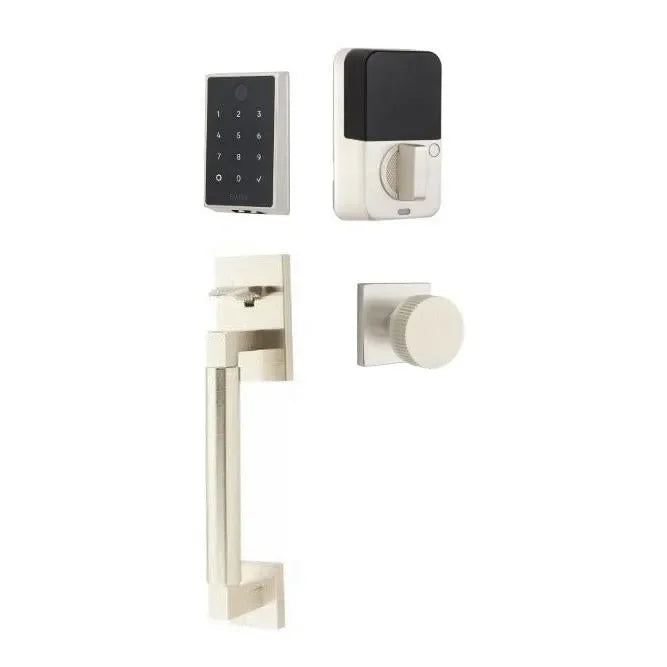 Emtek EMPowered 2 Touch Entry Set with Hercules Smooth Grip and Conical Straight Knurled Knob Satin Nickel