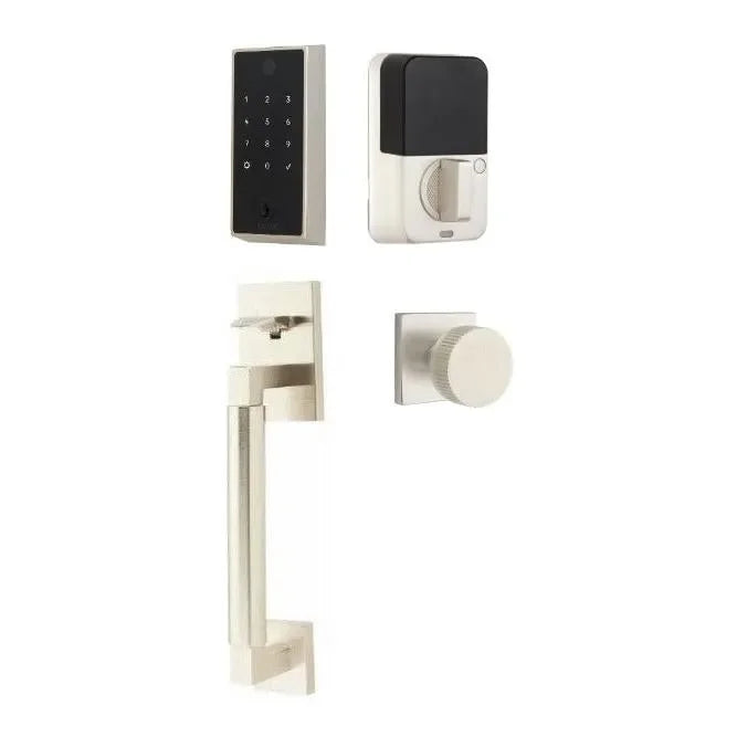 Emtek EMPowered 2 Touch Entry Set with Hercules Smooth Grip and Conical Straight Knurled Knob Satin Nickel