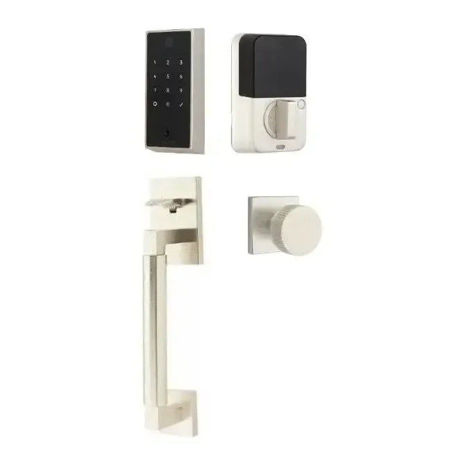 Emtek EMPowered 2 Touch Entry Set with Hercules Smooth Grip and Conical Straight Knurled Knob in Satin Nickel finish