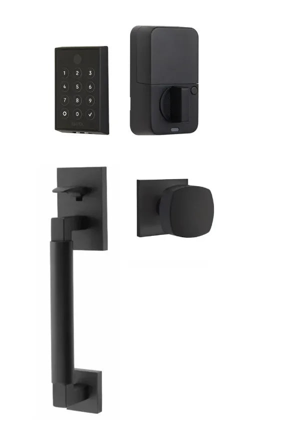 Emtek EMPowered 2 Touch Entry Set with Hercules Smooth Grip and Freestone Knob Flat Black