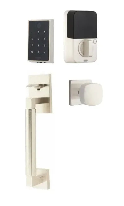 Emtek EMPowered 2 Touch Entry Set with Hercules Smooth Grip and Freestone Knob Satin Nickel